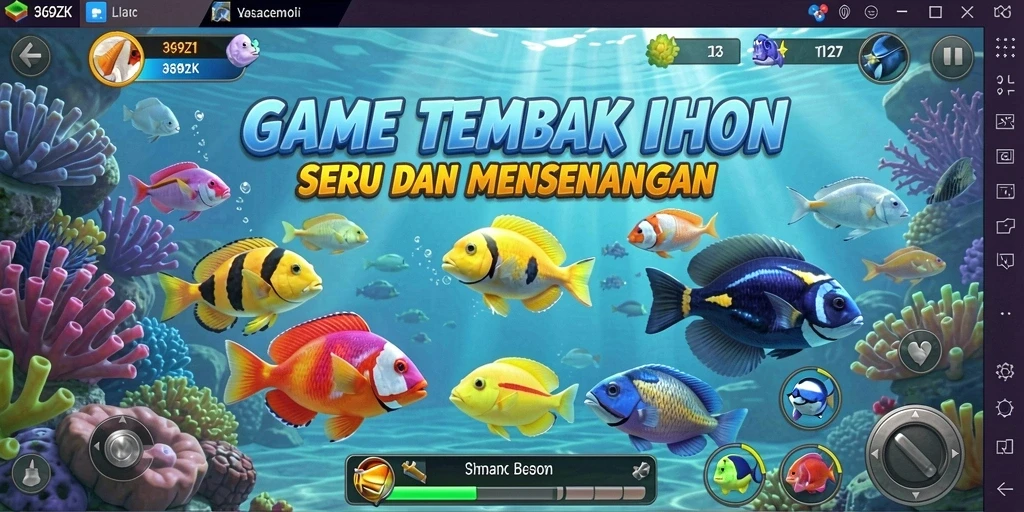 Tampilan gameplay seru dalam 369ZK dengan berbagai ikan berwarna-warni.