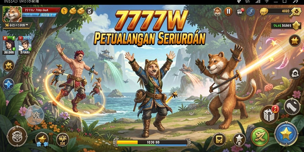 Tampilan gameplay seru dari 7777W dengan aksi petualangan yang intens.