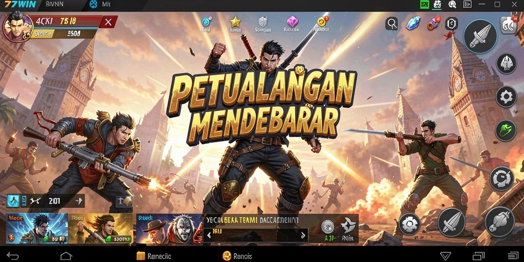 Screenshot utama 77WIN menampilkan aksi gameplay yang intens dan menegangkan.