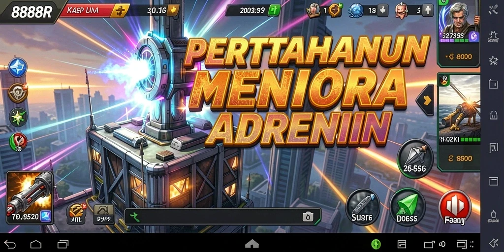 Screenshot gameplay 888R menampilkan momen strategis dalam Tower Defense.