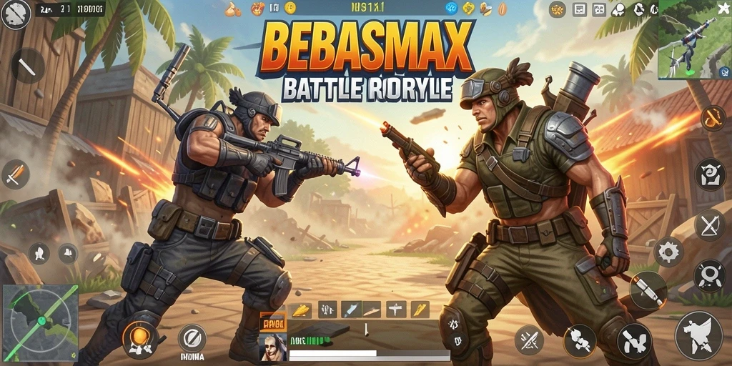 Tangkapan layar gameplay mendebarkan dari BEBASMAX, menunjukkan aksi Battle Royale di arena.