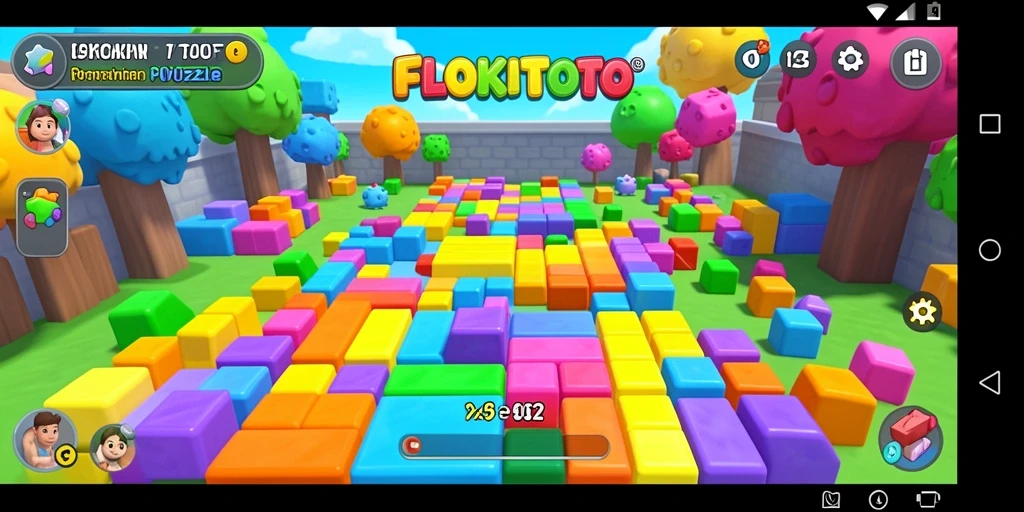 Tampilan gameplay <strong>FLOKITOTO</strong> yang seru dan penuh warna saat menyelesaikan puzzle.