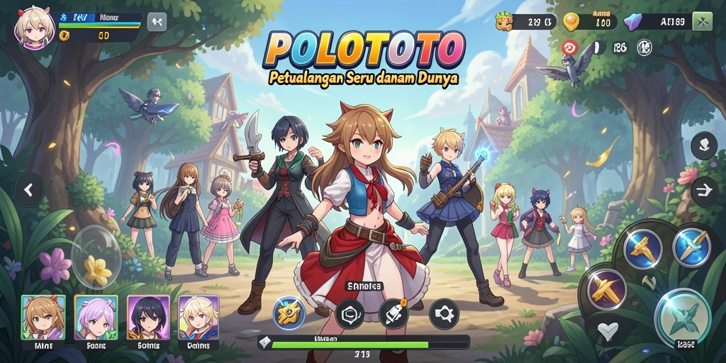 Screenshot utama dari POLOTOTO menunjukkan pertarungan seru dengan karakter anime.