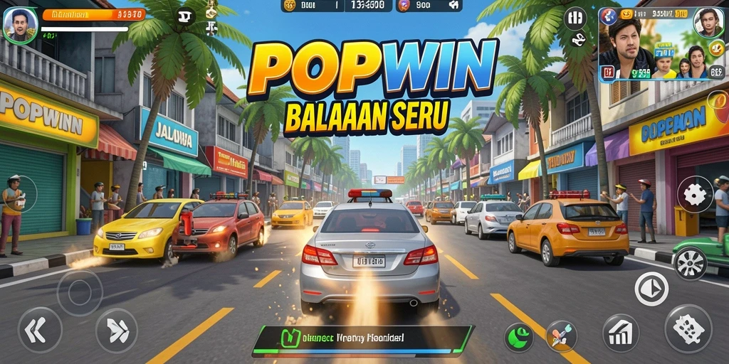 Tampilan utama gameplay POPWIN dengan kendaraan beraksi di lintasan balap.