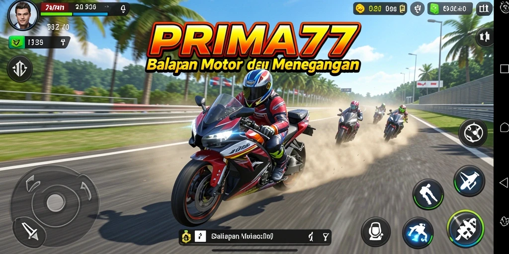 Tampilan gameplay balapan motor yang menegangkan di PRIMA77.
