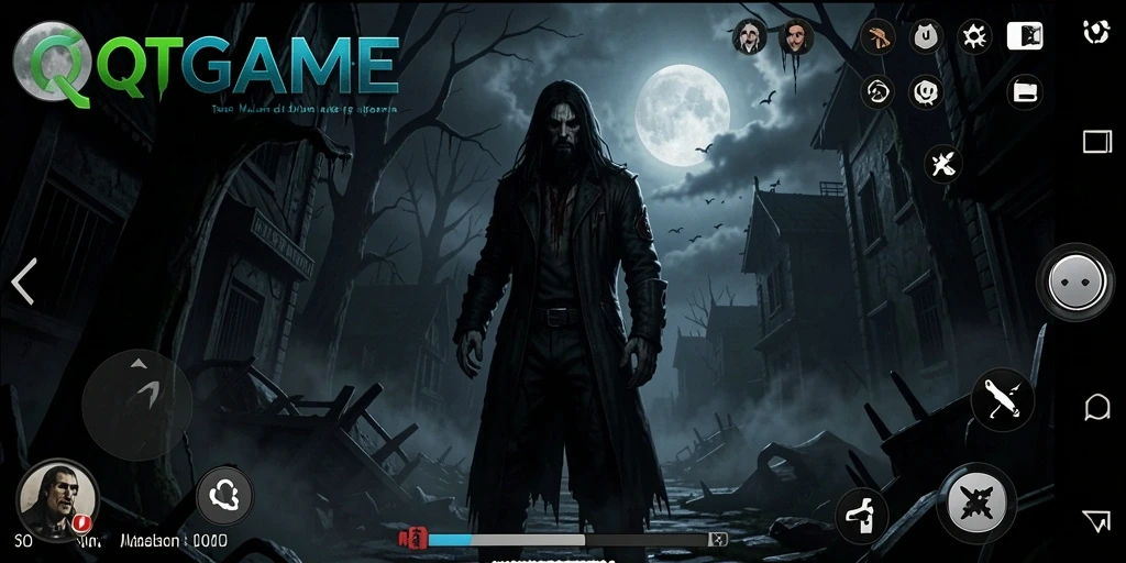 Menampilkan gameplay menegangkan QTGAME di lingkungan gelap.