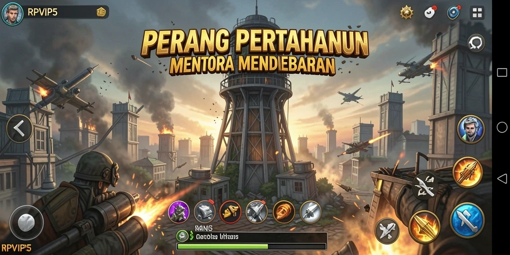 Gambar gameplay RPVIP5 menunjukkan menara yang siap bertahan melawan serangan musuh.