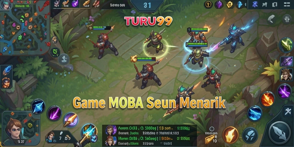 Screenshot gameplay TURU99 yang menunjukkan pertempuran seru di arena MOBA.